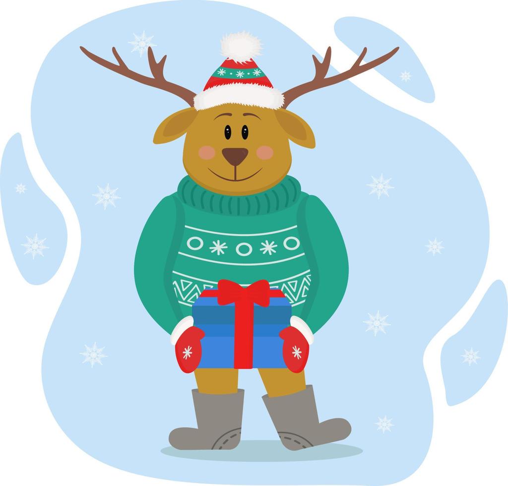 Cute deer with big horns and a green sweater on a blue background. Cute deer with a gift in his hands.Funny vector illustration of a deer.  New Year, Christmas, holidays, advertising hero.