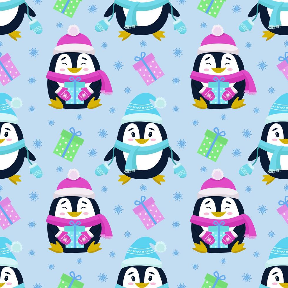 Vector seamless pattern with the image of penguins, gifts and snowflakes. Seamless vector printing on children's fabrics, wallpaper, textiles, packaging, design.