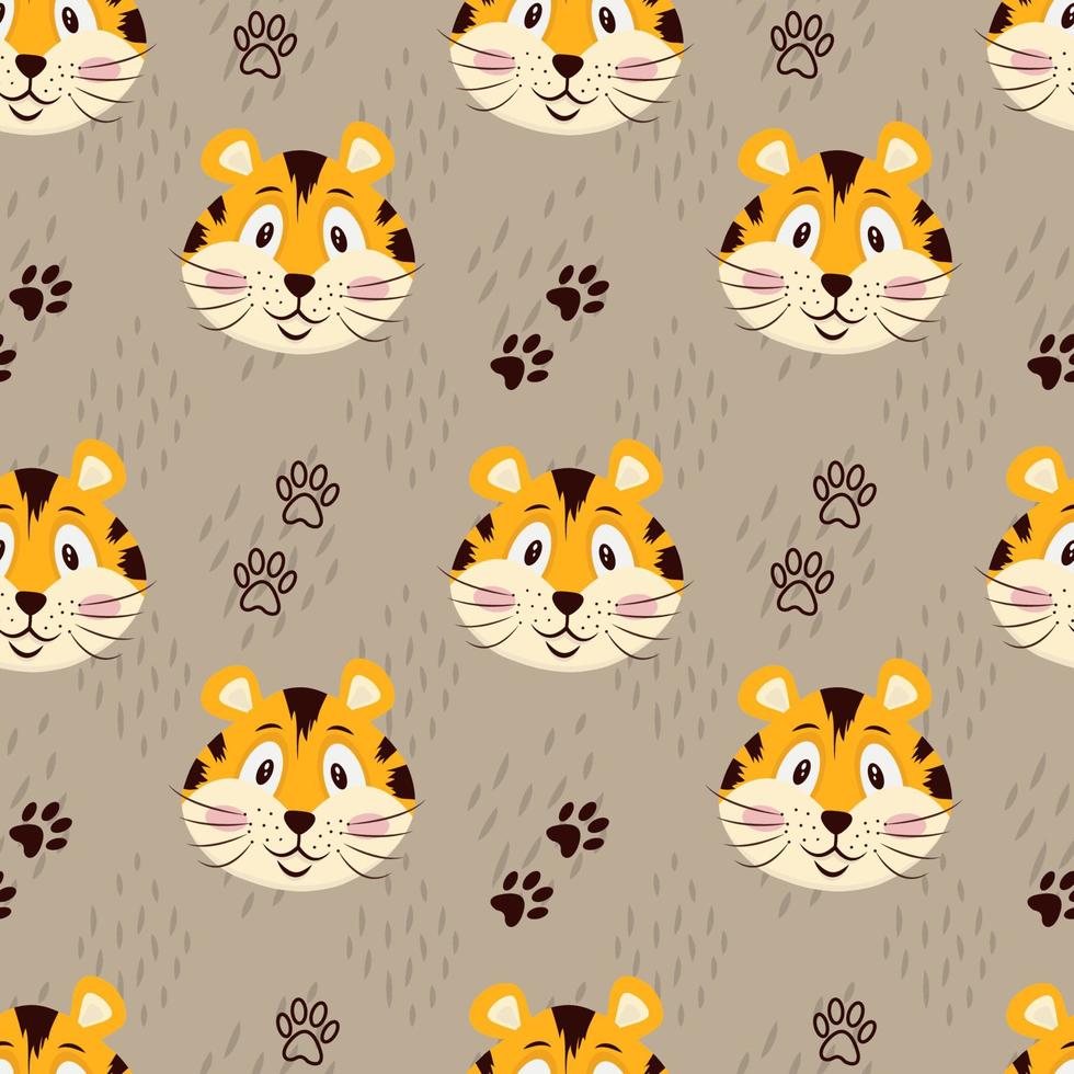 Seamless pattern with cute tiger, muzzles tiger cub with brown stripes, symbol of new 2022 year on white background. Vector illustration for postcard, banner, web, decor, design, arts, calendar.
