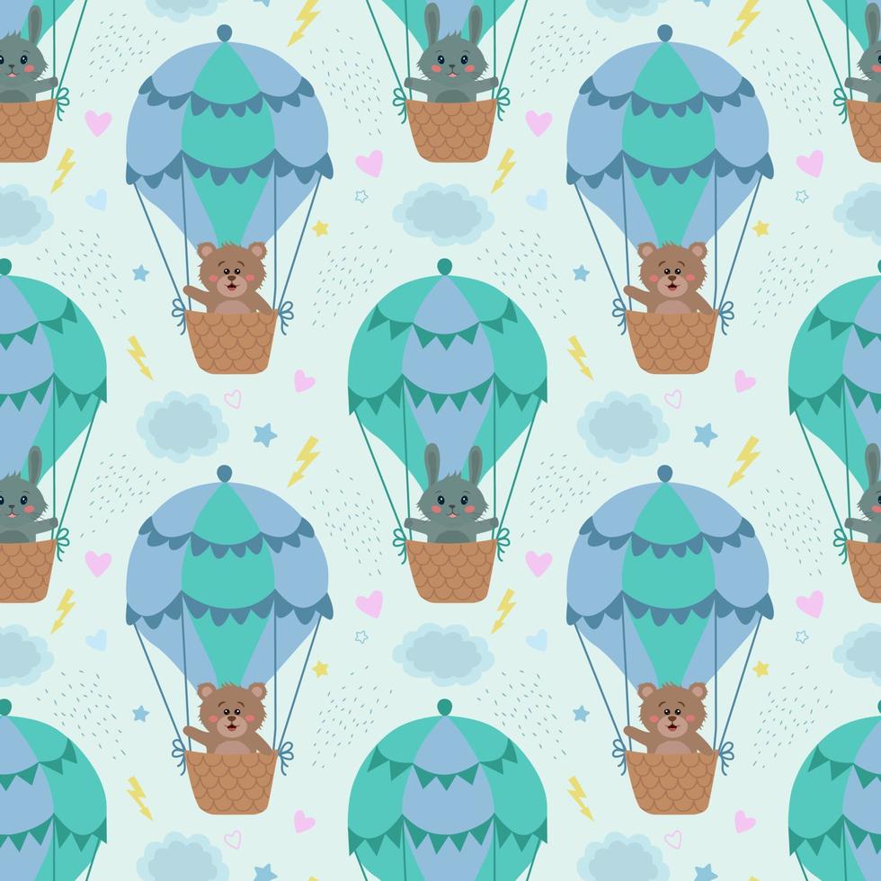 Vector seamless pattern with rabbits and bears on a balloon. Vector illustration with animals for children. It is used for printing on children's fabrics, wallpaper, textiles, design.