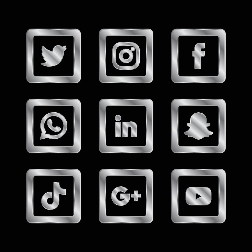 Unique sparkle social Media silver square icon set vector