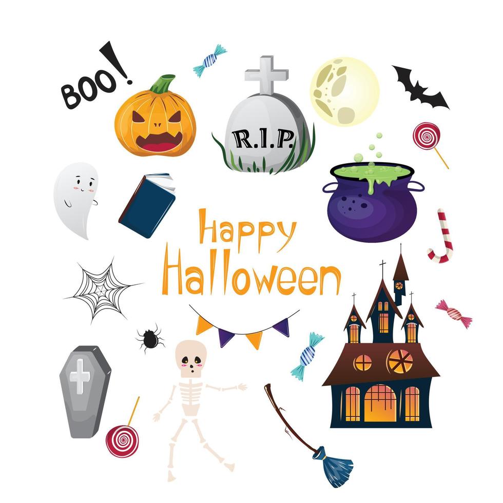 Collection with halloween items in flat cartoon illustration. vector