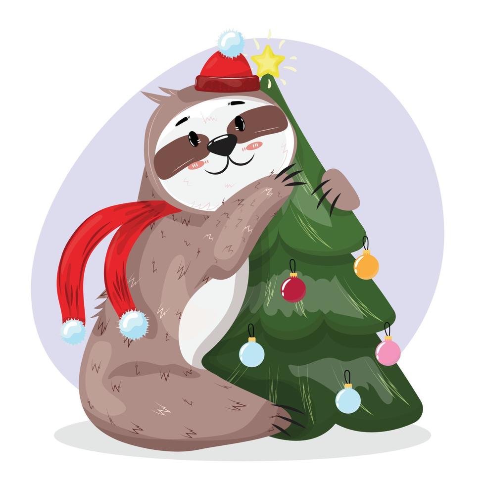 ilustración navideña con un lindo perezoso abrazando el árbol de navidad. vector