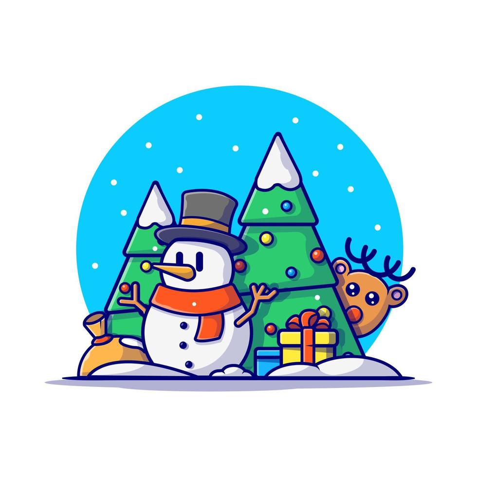 Cute Snowman With Deer And Tree Cartoon Vector Icon Illustration. Winter Holiday Icon Concept Isolated Premium Vector. Flat Cartoon Style