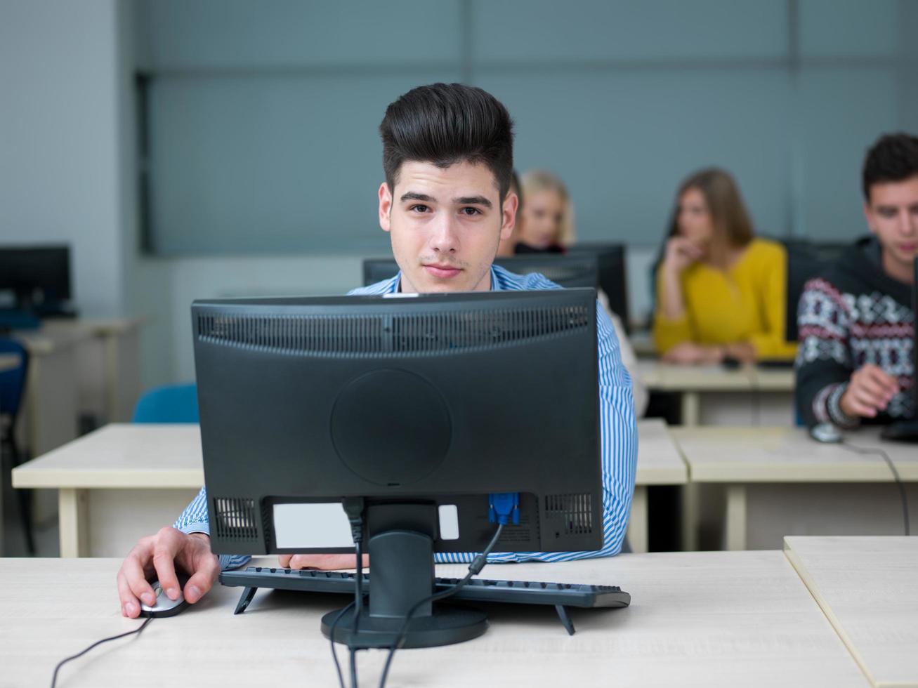 students group in computer lab classroom photo