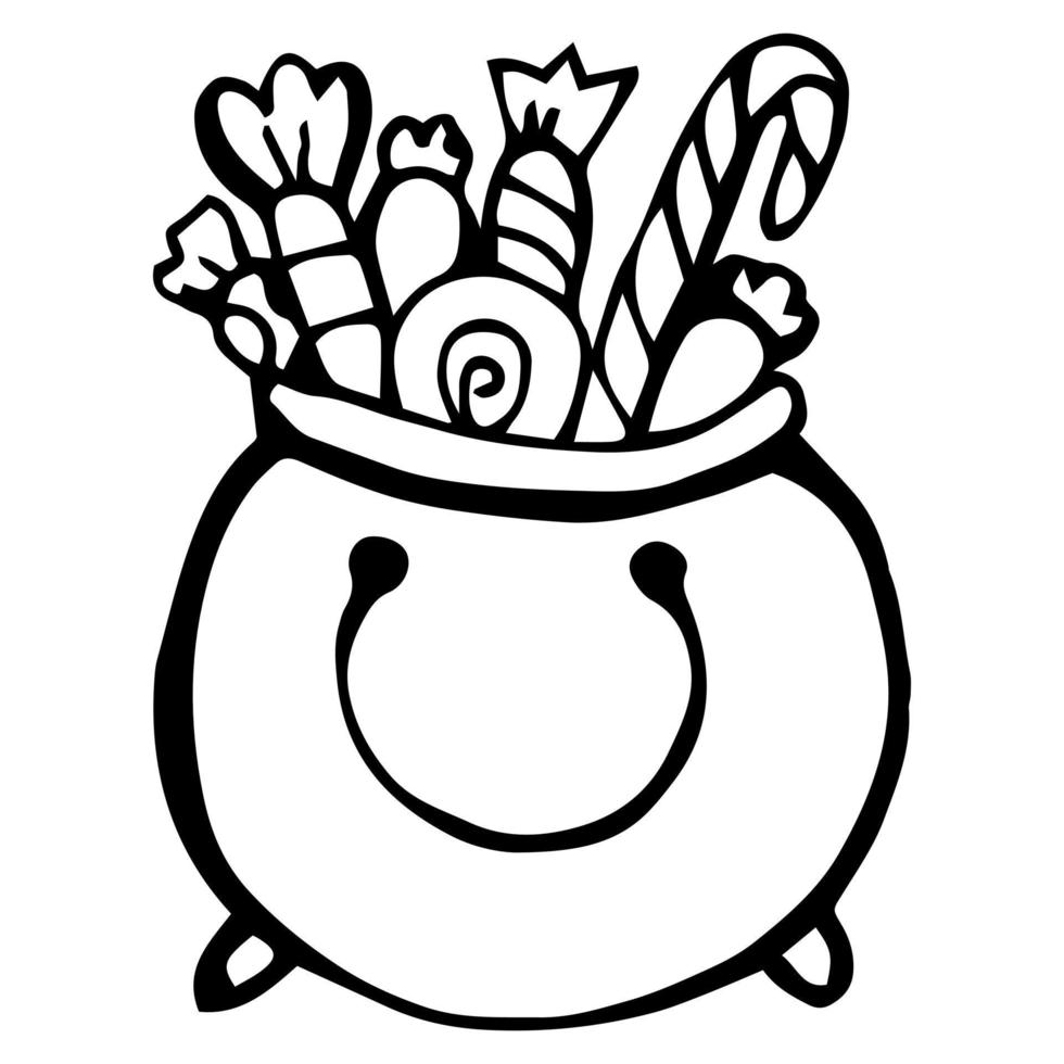 halloween coloring page, basket full of candies and sweets, black and white outline illustration. large shape drawings suitable for kids and adults vector