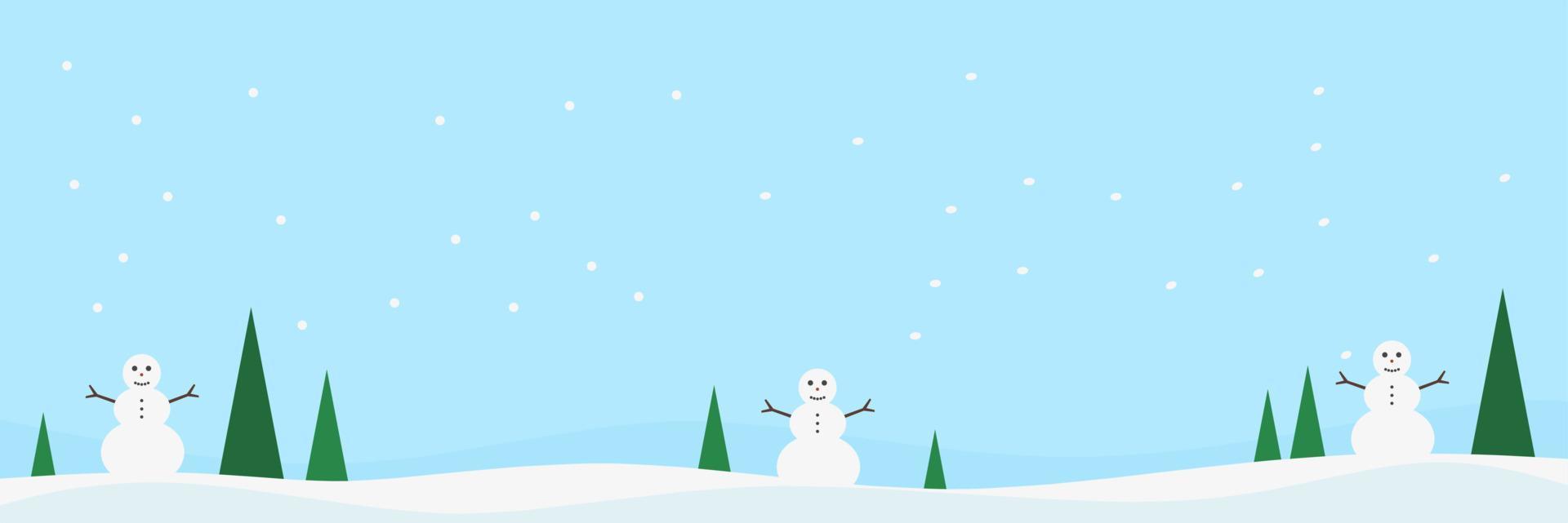 banner de paisaje navideño con muñeco de nieve y pino para celebración navideña vector
