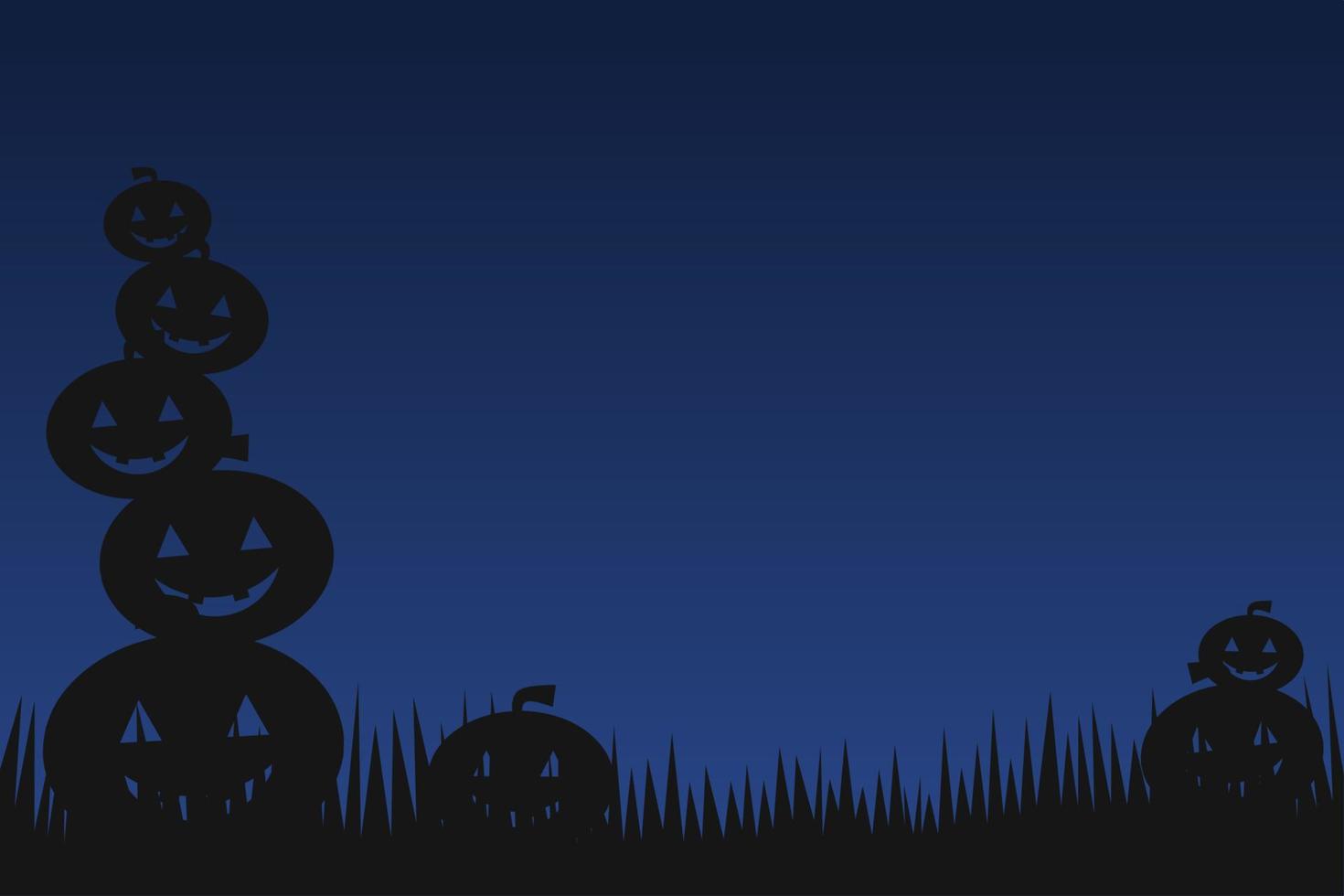 spooky night silhouette background template with halloween pumpkins piled on the grass vector