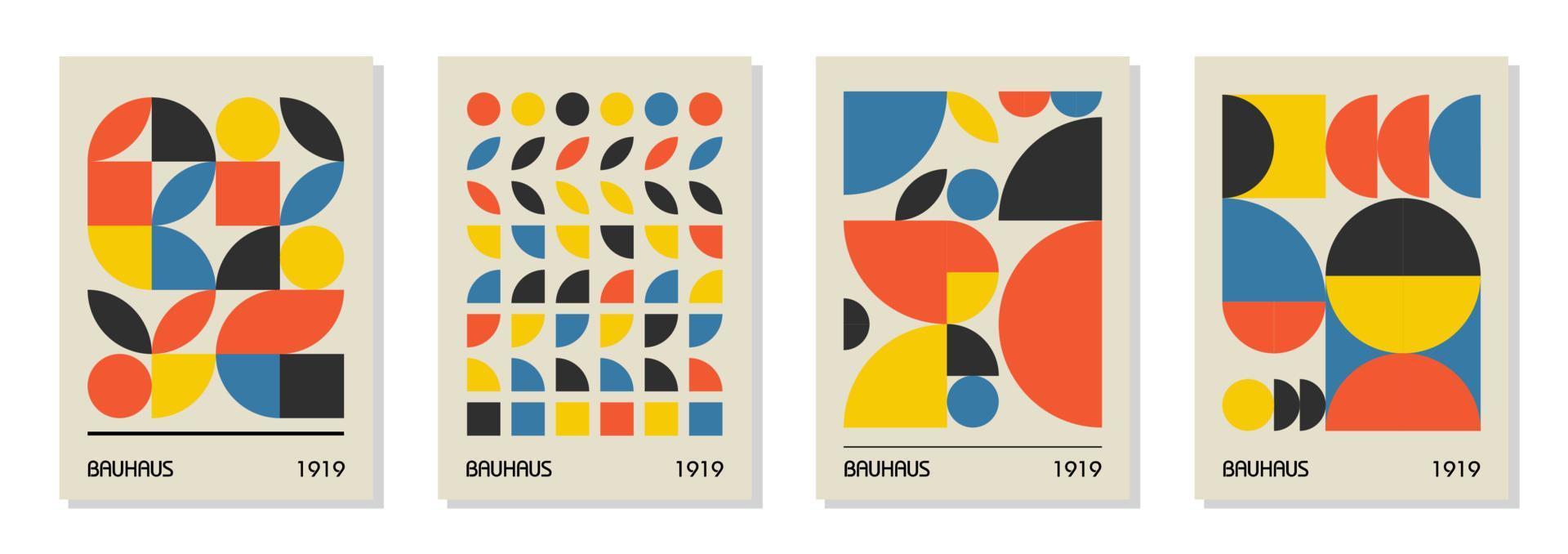 Set of 4 minimal vintage 20s geometric design posters, wall art, template, layout with primitive shapes elements. Bauhaus retro pattern background, vector abstract circle, triangle and square line art