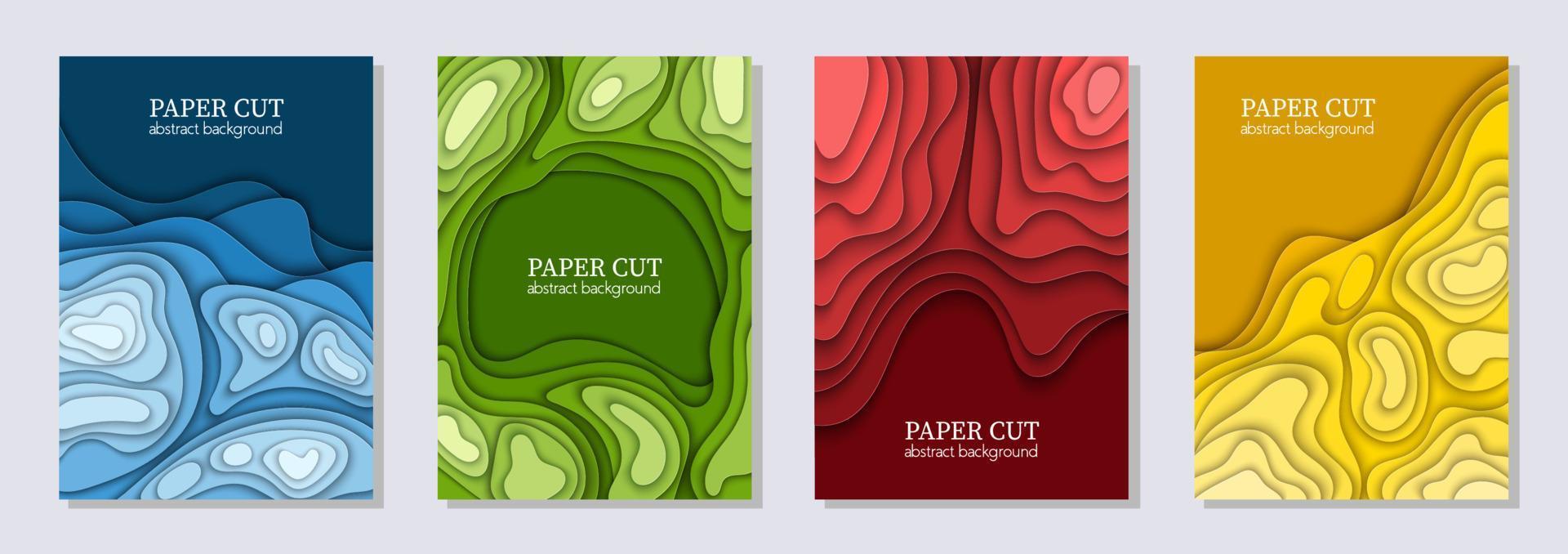 Vertical vector set of 4 colorful flyers with paper cut waves shapes. 3D abstract paper art, design layout for business presentations, flyers, posters, prints, decoration, cards, brochure cover.