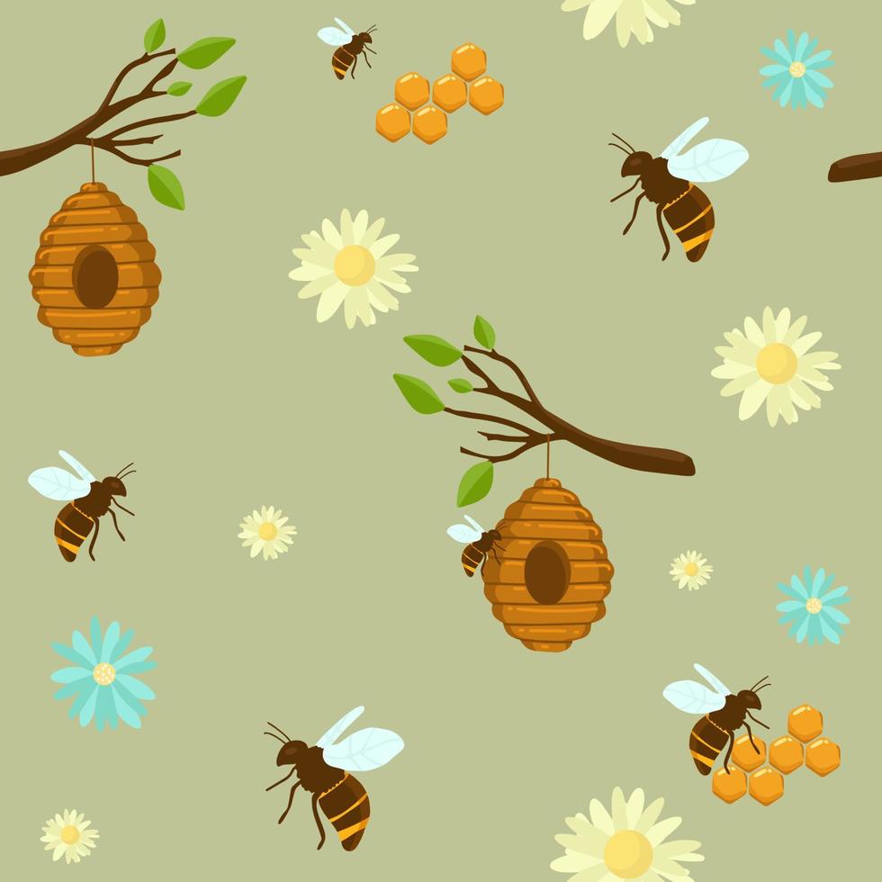 bees on yellow honey comb seamless pattern honey, bee, hive, honeycomb bee house. Vector vintage color engraved illustration. Isolated on background with flowers