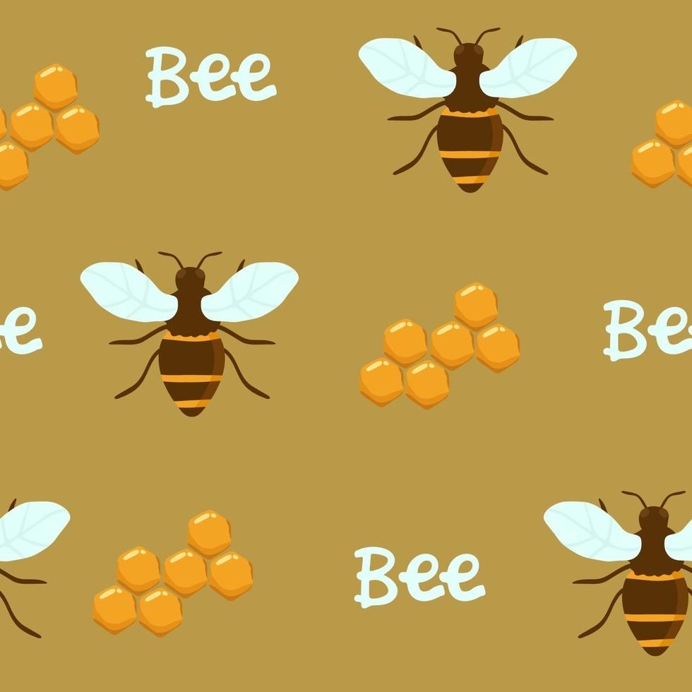 Vector seamless pattern with flying cartoon bees and flowers background. Illustration for children used for magazine, book, poster, card, web pages.