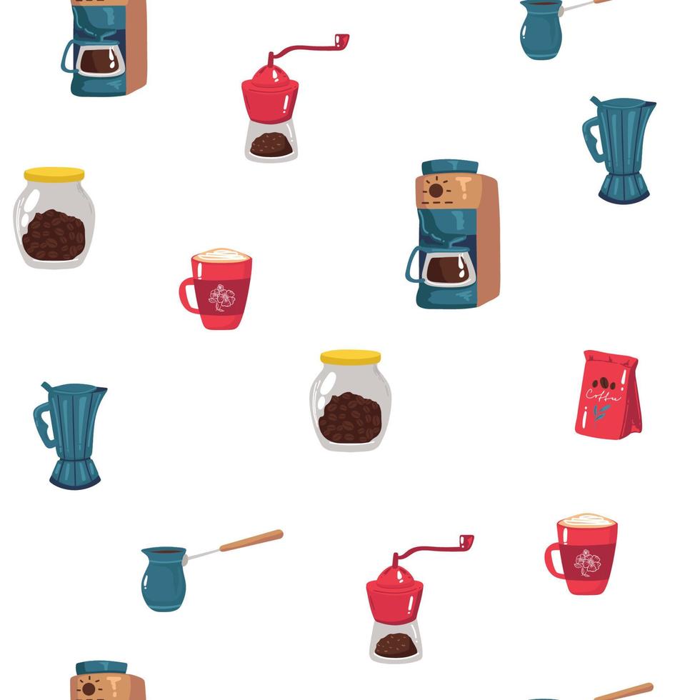 Patten de cafeteras vectoriales dibujadas a mano.diferentes tipos de tazas de café, ollas y cafeteras, vasos con macarrones, granos de café y chocolate.colores cálidos y coloridos vector