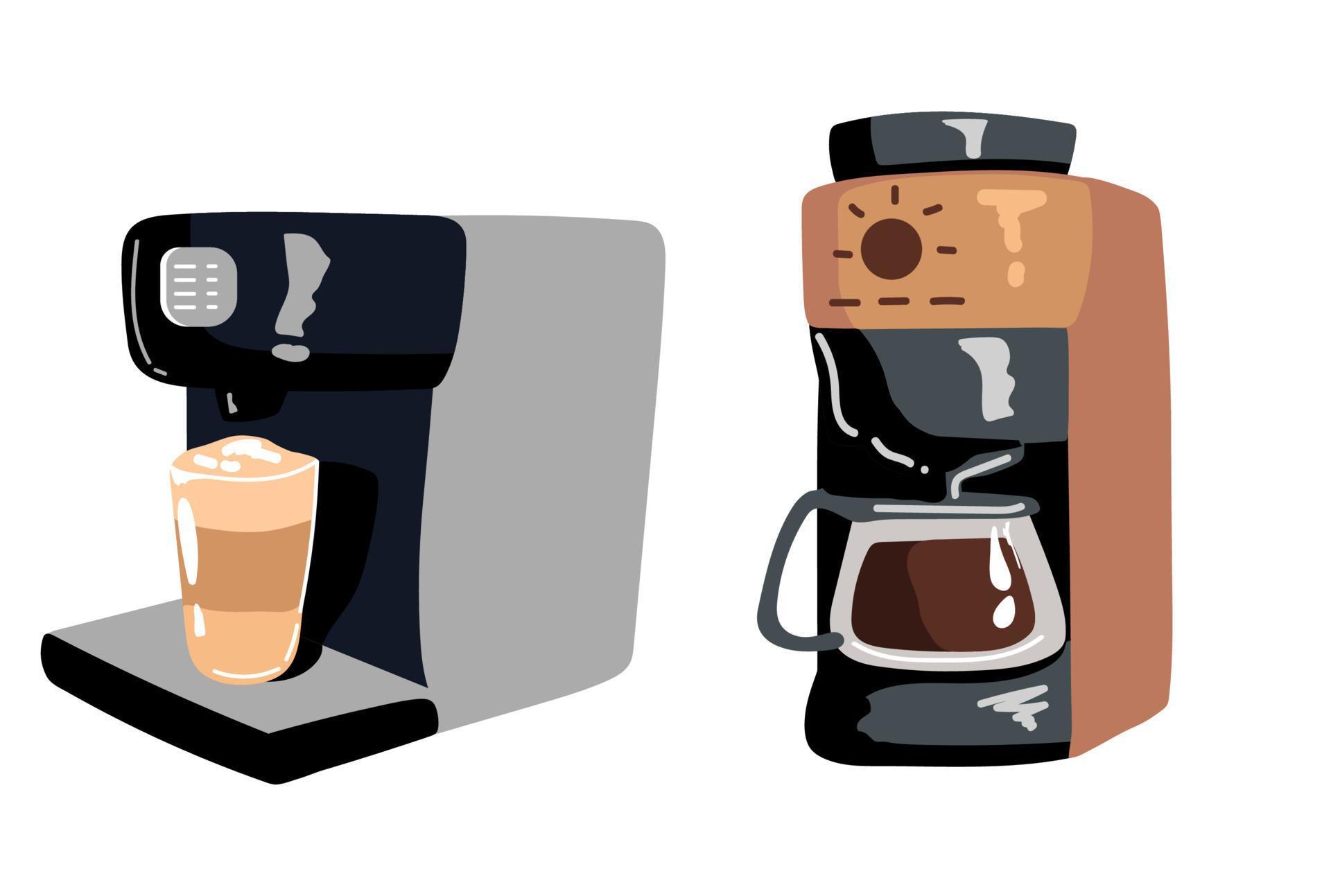 set of Coffee machine flat illustration. Front view of coffee machine