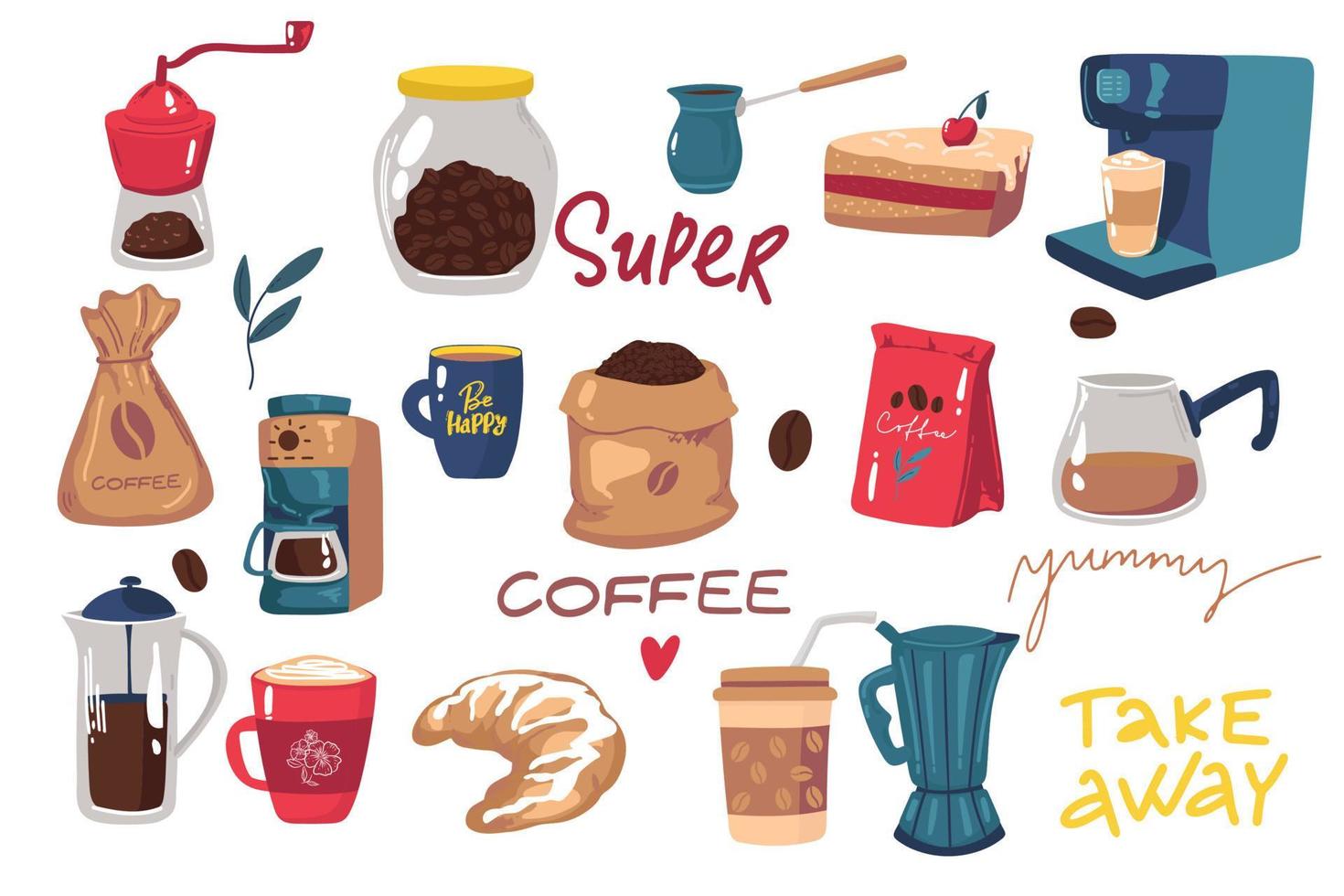 gran conjunto de iconos de estilo plano. elegante juego de café de iconos. café, bebidas de café, cafeteras y otros aparatos y postres. taza de cafe, croissant, pastel, maquina de cafe, cezve, paquete de cafe vector