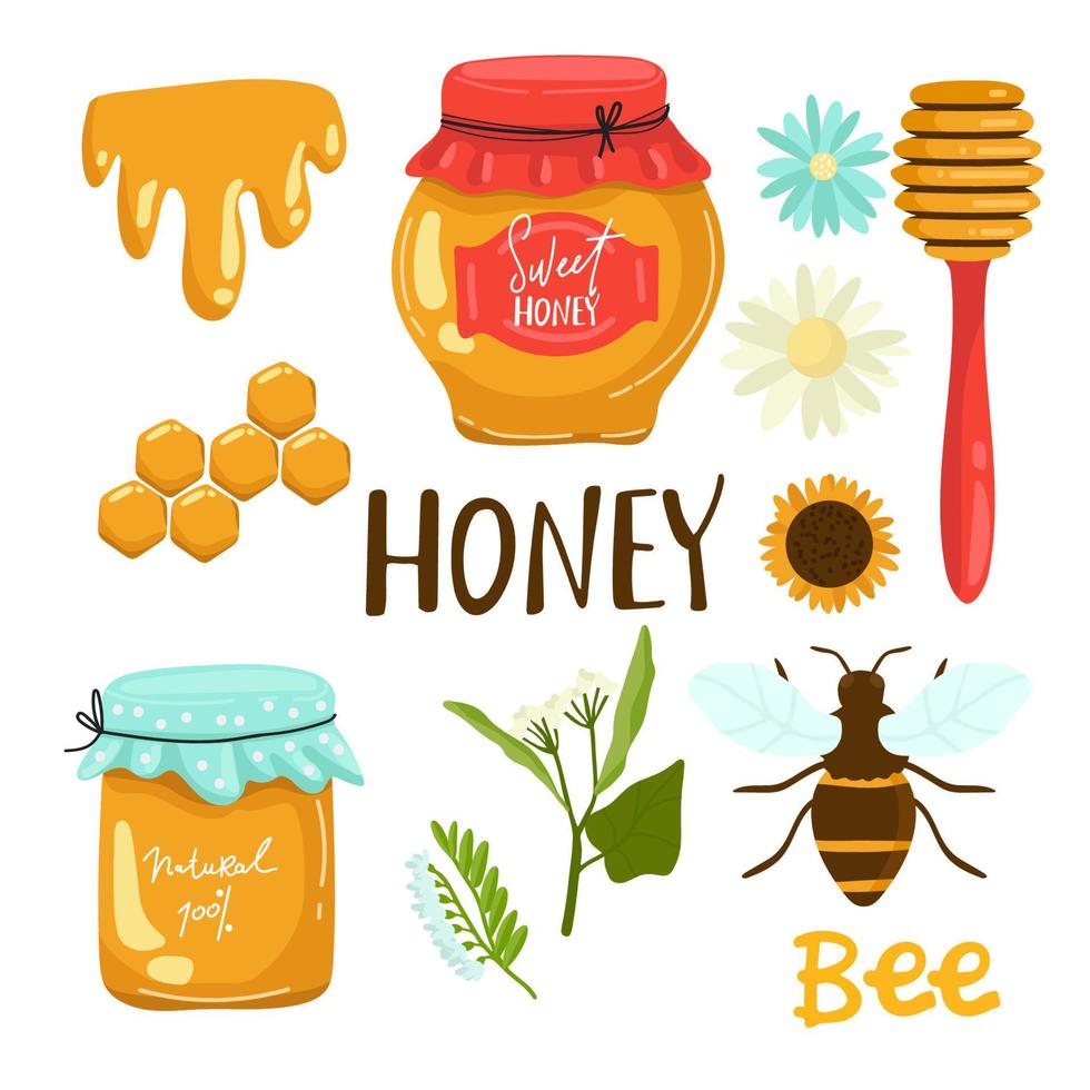 The collection of cute bee and honey and flower and leaf in the pack in flat vector style. set of bee for graphic and etc.