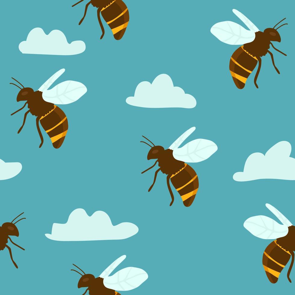 Vector seamless pattern with flying cartoon bees and flowers background. Illustration for children used for magazine, book, poster, card, web pages.