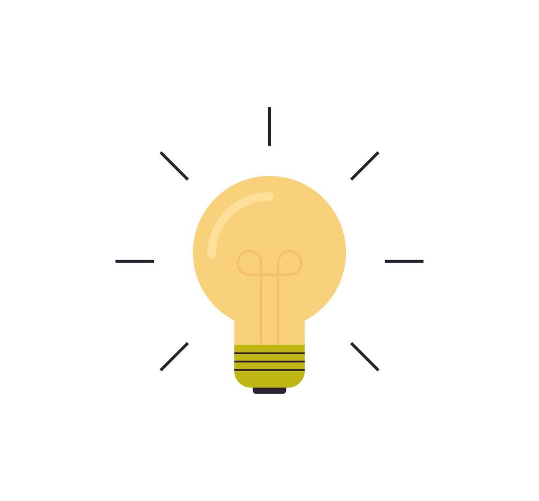 Light bulb icon and lamp sign with rays, idea, creative insight, problem solving concept flat vector illustration.