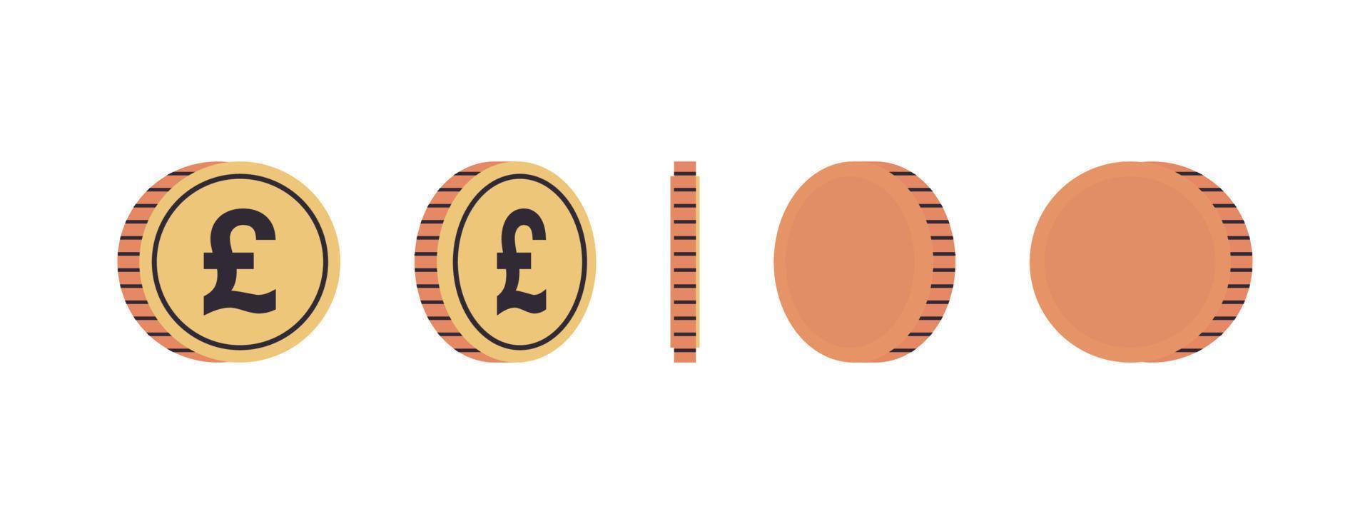 monedas de moneda internacional y monedas de oro en diferentes ángulos de concepto de rotación ilustración de vector plano de longitud completa.