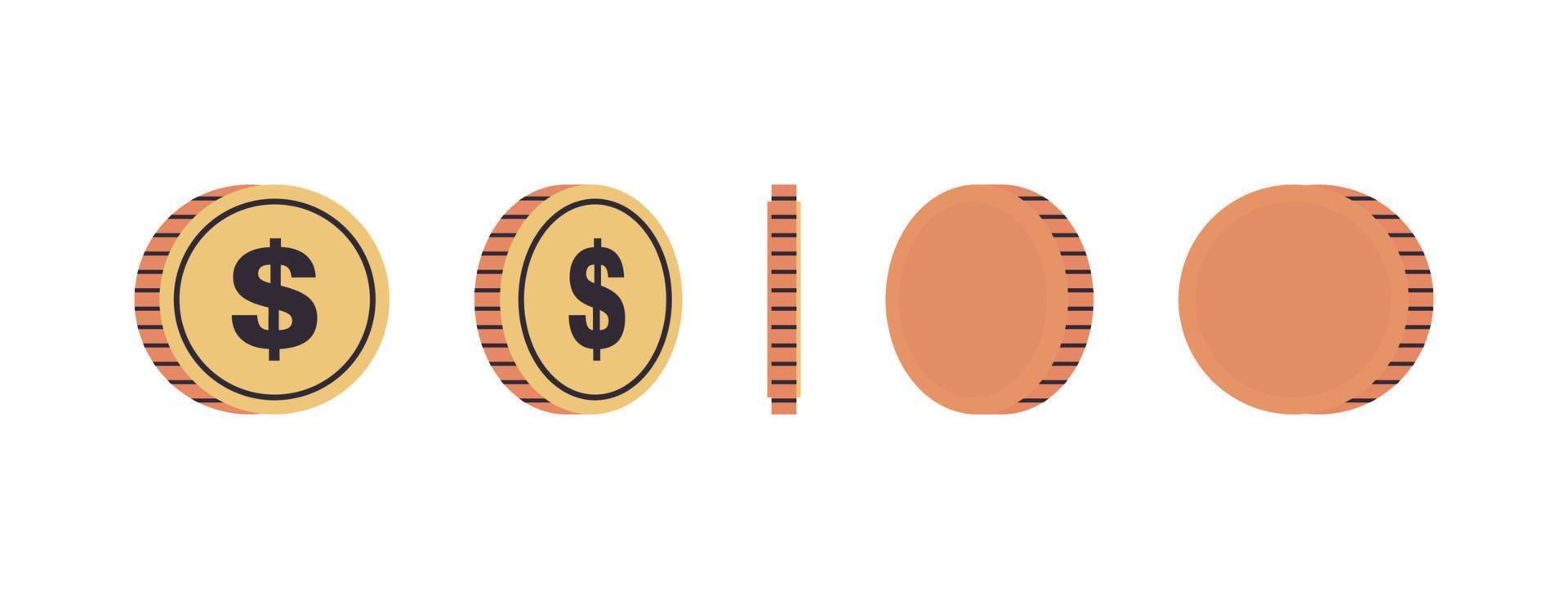 monedas de moneda internacional y monedas de oro en diferentes ángulos de concepto de rotación ilustración de vector plano de longitud completa.