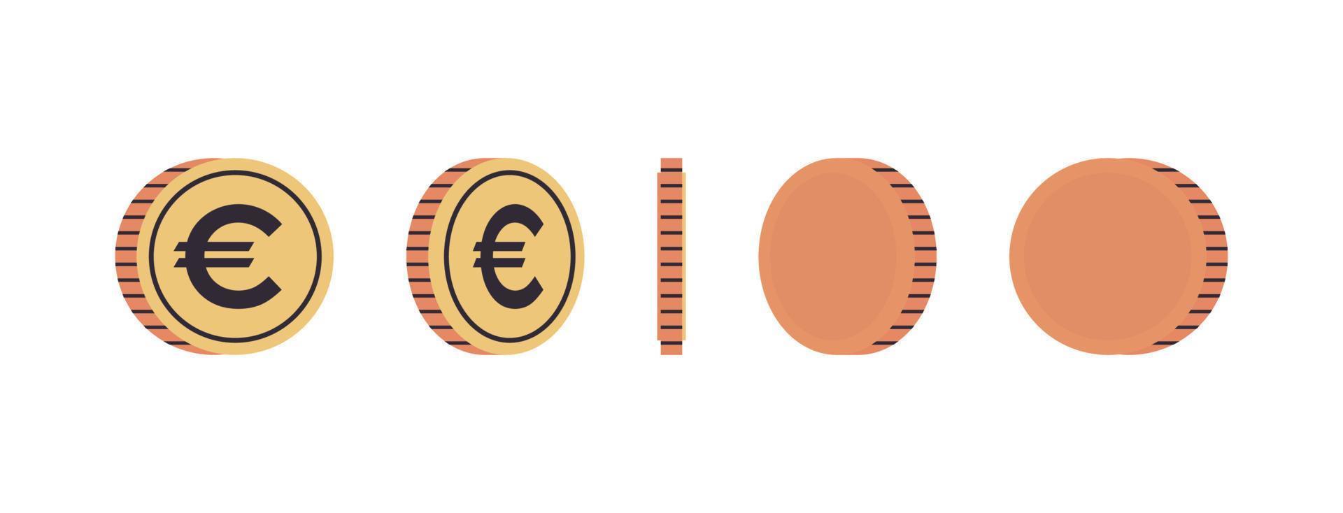 monedas de moneda internacional y monedas de oro en diferentes ángulos de concepto de rotación ilustración de vector plano de longitud completa.