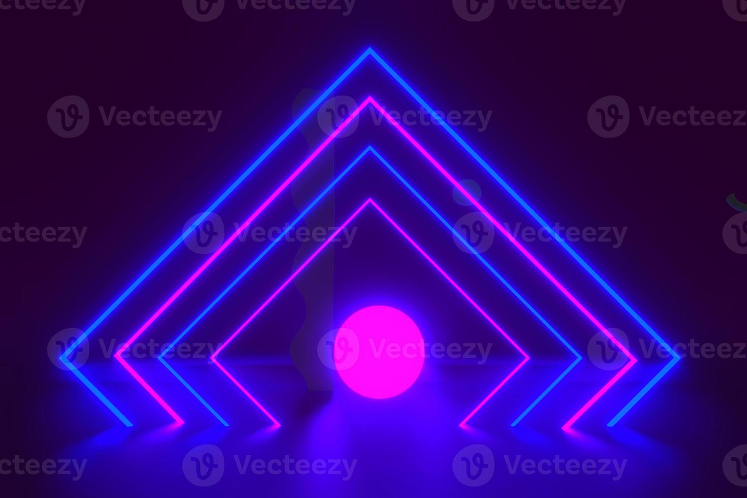 3d neon square tunnel with moon. Endless optical illusion portal. Glowing lines virtual reality corridor. Science futuristic background illustration. Abstract laser show light effect. Arch frame. photo