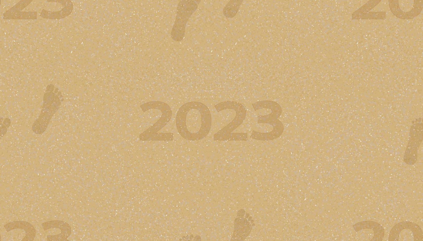 Seamless pattern 2023 Footprints on brown sand beach background. Vector illustration top view pattern foot steps walking forward on sea sand texture.