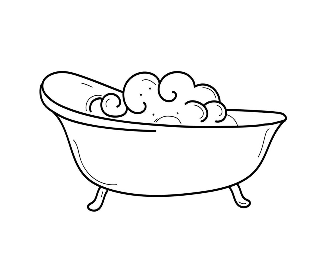 evening relaxing bubble bath, evening ritual, healthy lifestyle, vector doodle hand drawn sketch illustration