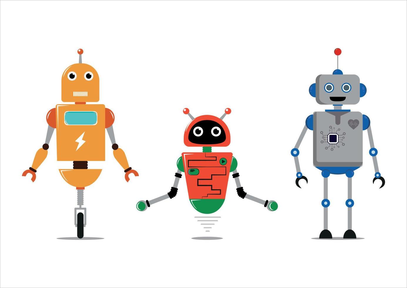 Set of three different robots in flat style isolated on white background vector illustration