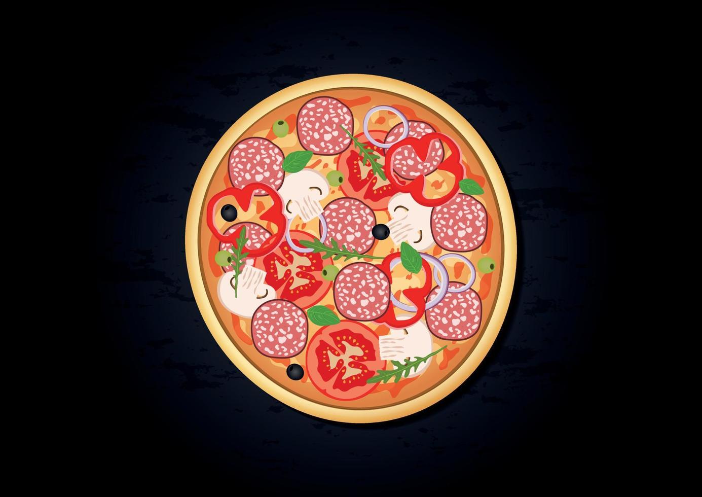 Vector illustration of round tasty pizza isolated on black background