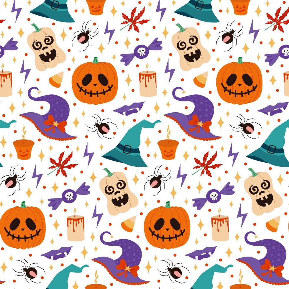 patrón de halloween de vector transparente con sombreros de bruja, calabazas y dulces aislados sobre fondo blanco. ilustración para textil, impresión, tarjeta, invitación, papel tapiz, tela