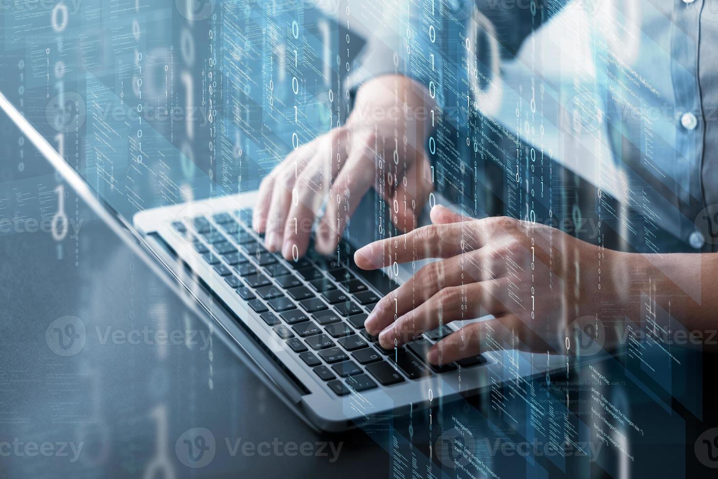 Professional IT programmers working on websites and social security, software developers typing computer code for internet digital security. photo