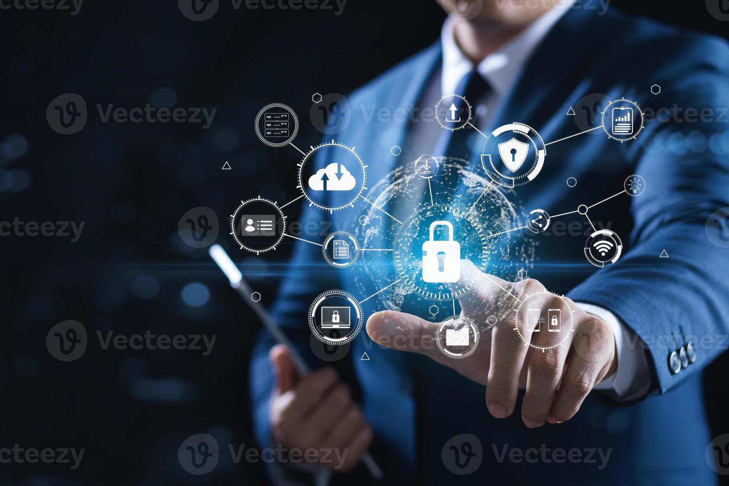 Cybersecurity and privacy concepts to protect data. Lock icon and internet network security technology. Businessmen protecting personal data on virtual interfaces. photo