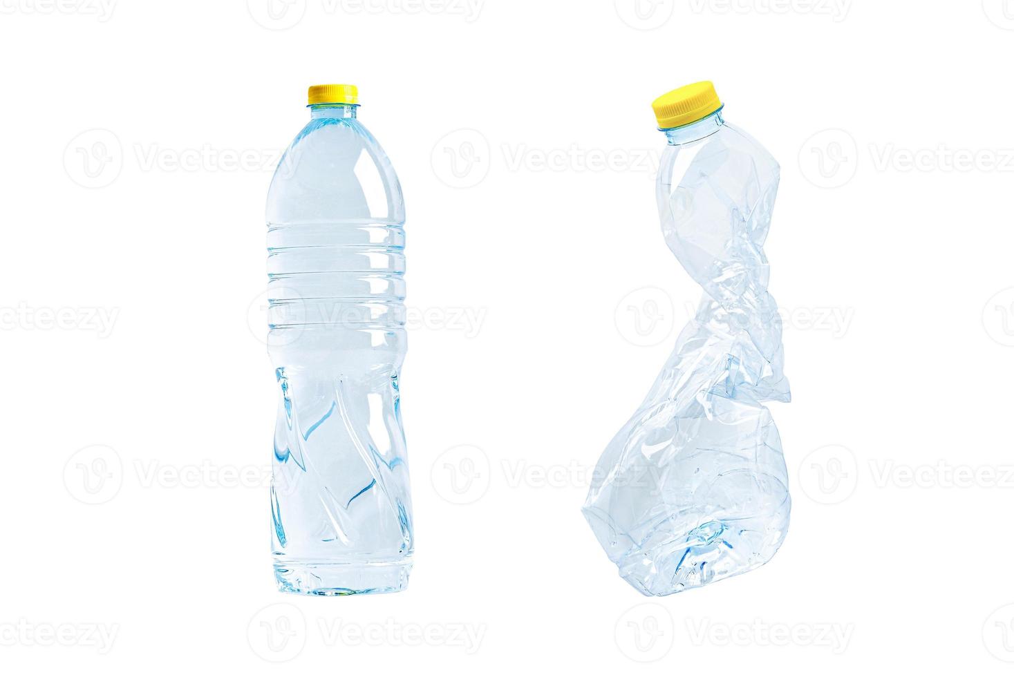 Plastic water bottle with empty crumpled used isolated on white background, reuse, recycle, pollution, environment, ecology, waste concept. photo