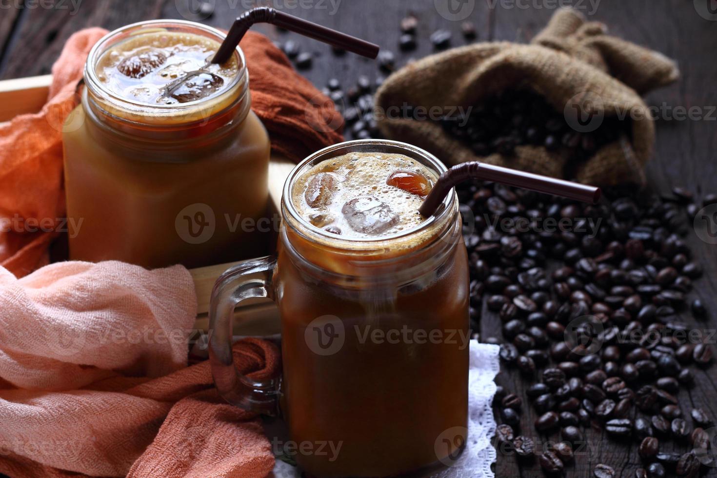 Ice Coffee two jar and coffee bean. photo