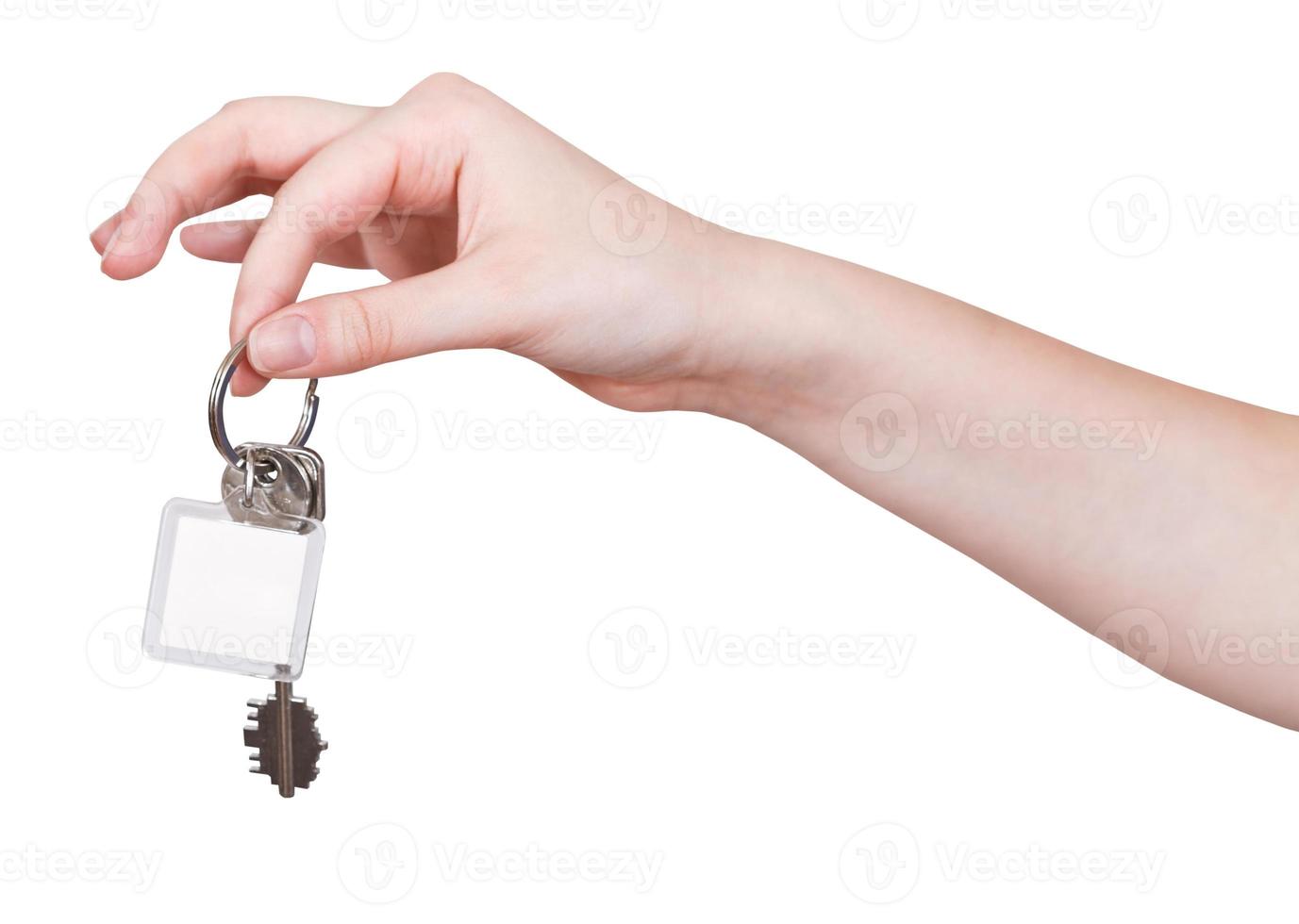 hand with keys and blank key fob isolated photo
