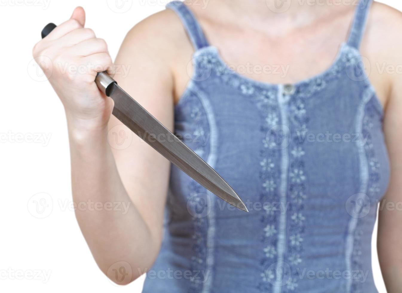 woman holding large kitchen knife isolated photo