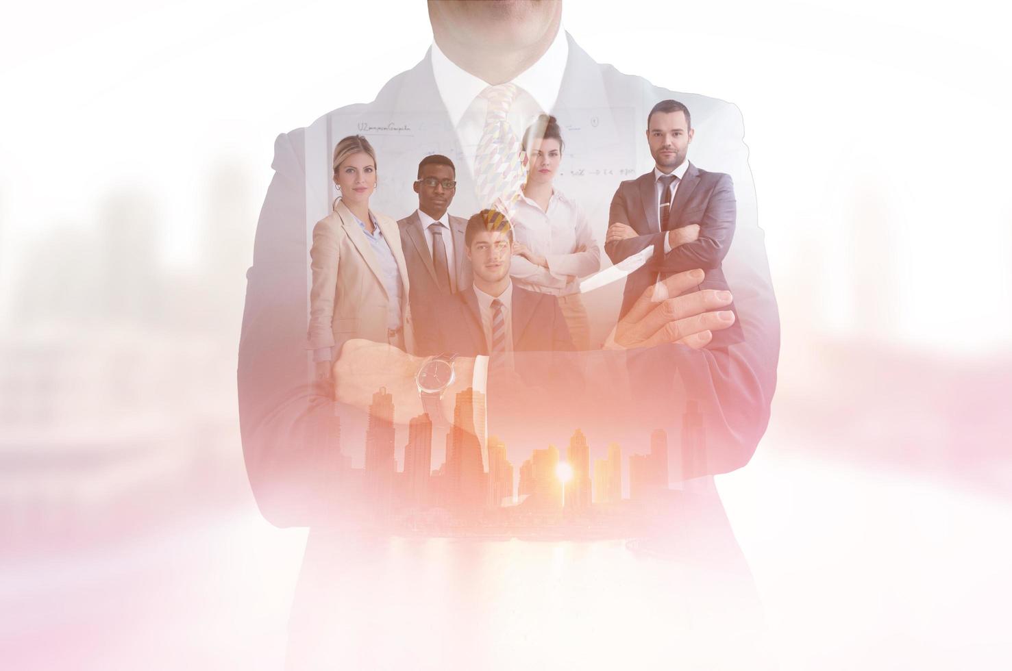 Double exposure of young ambitious business group photo