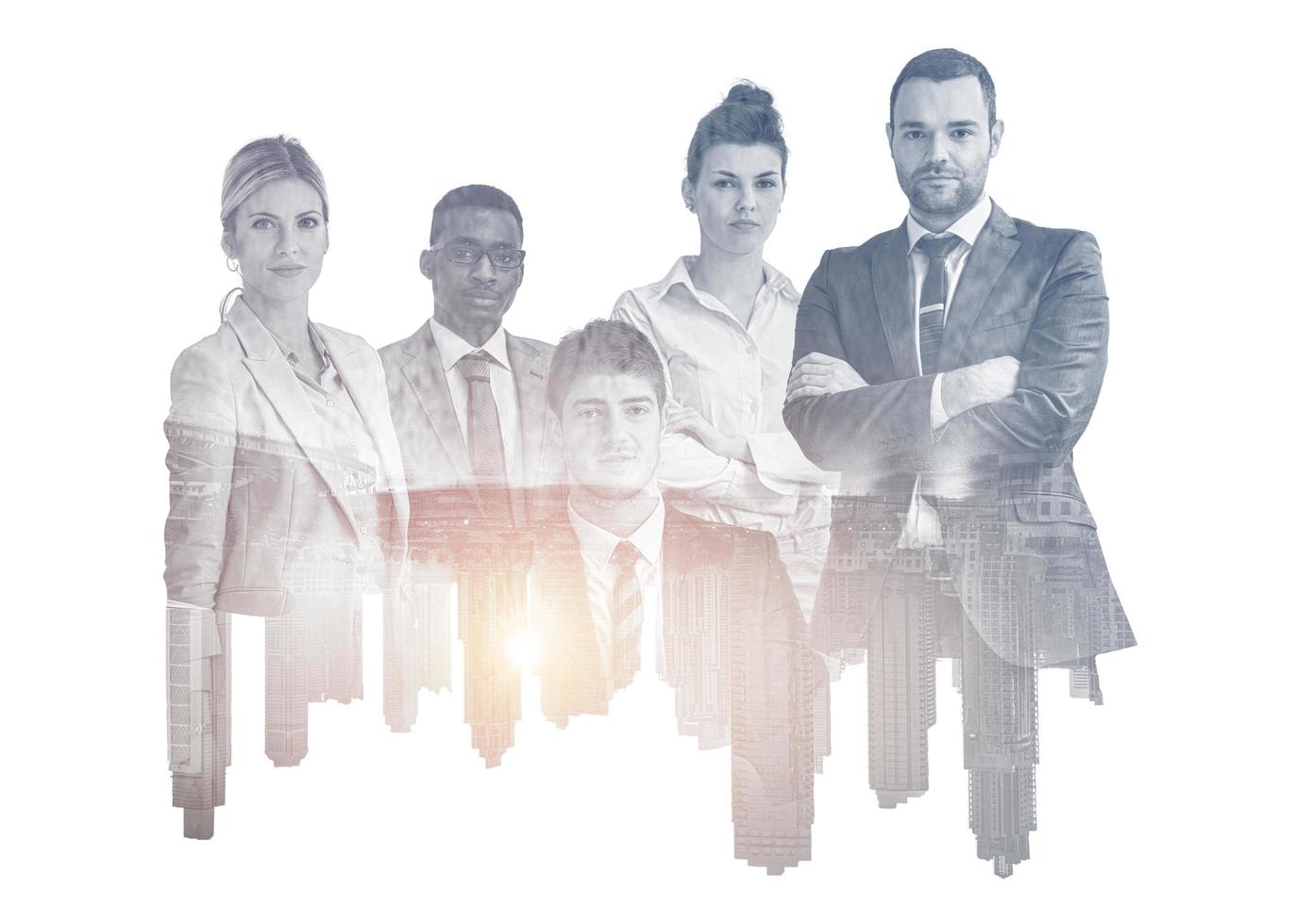 Double exposure of young ambitious business group photo