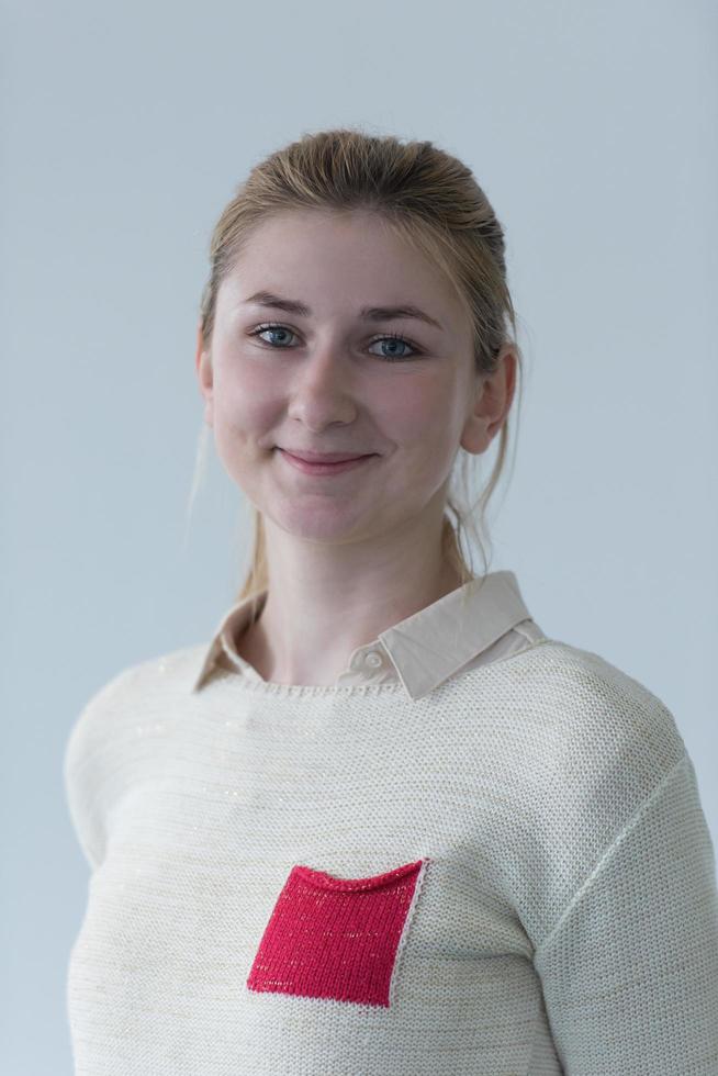 retrato, de, estudiante femenino, en, biblioteca foto