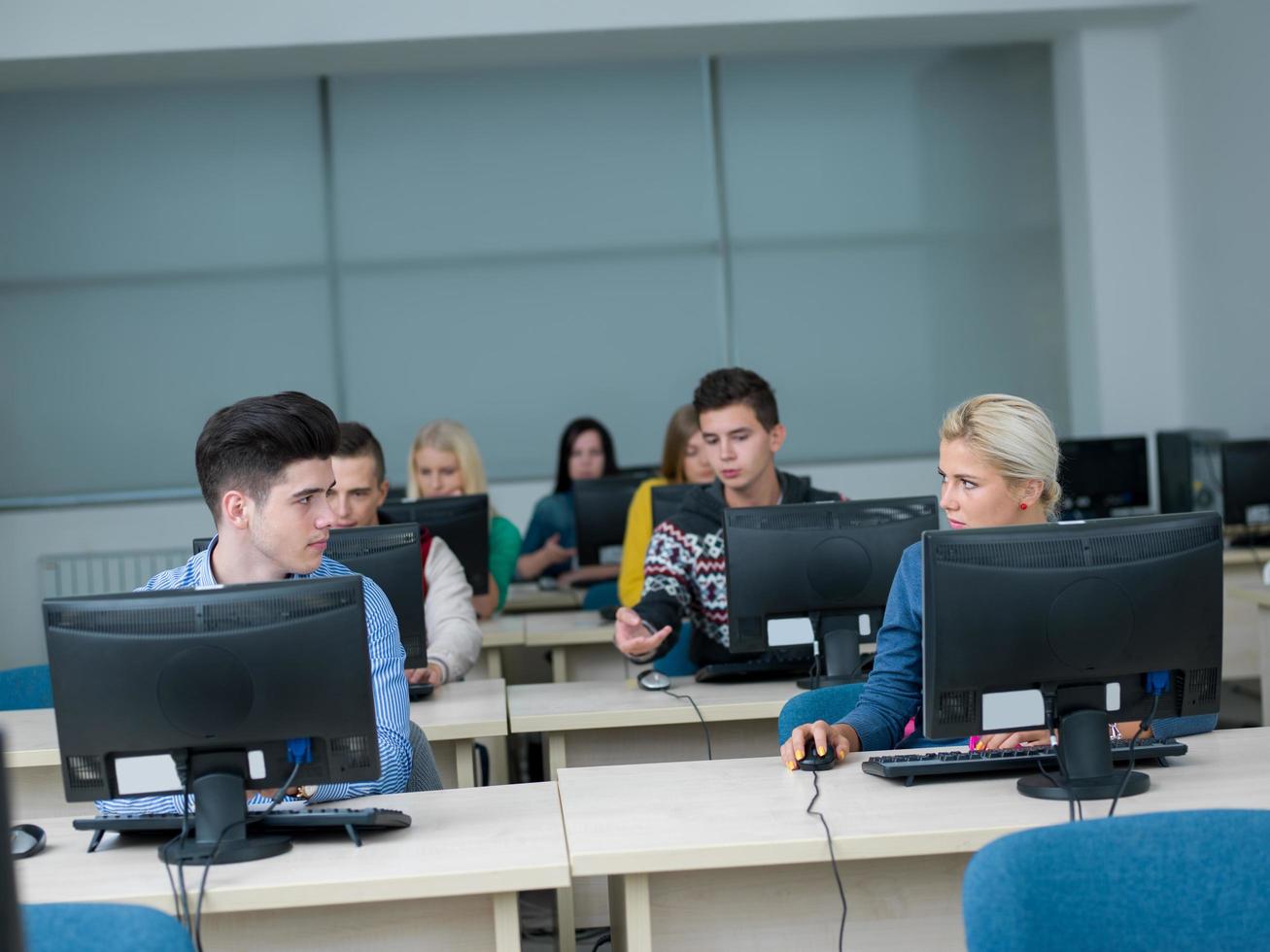students group in computer lab classroom photo