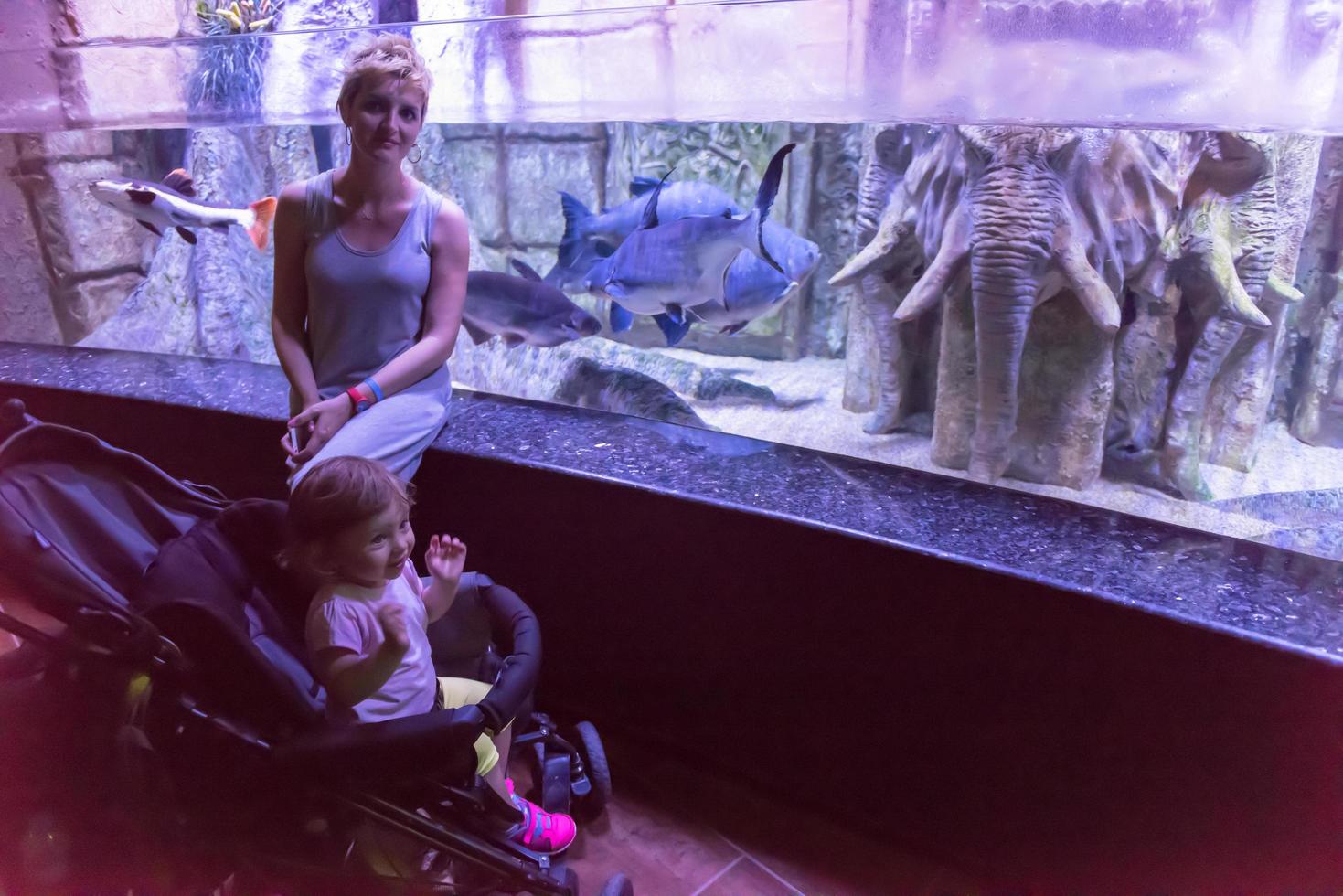 happy family  in the underwater aquarium photo