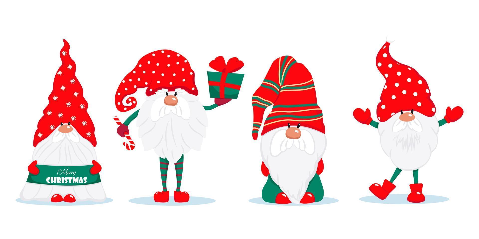 Three cute Christmas gnomes. Vector characters in flat style. Set of Christmas gnomes with gifts candies illustration