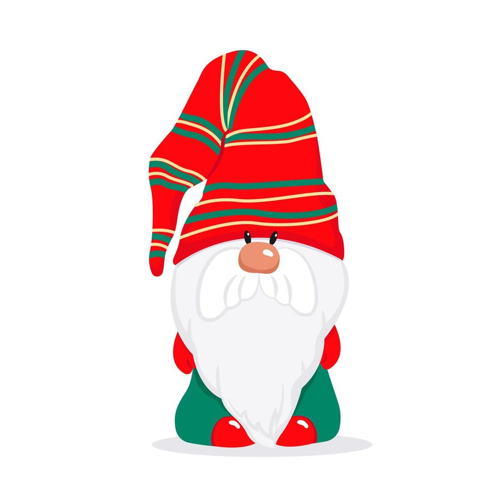 A bearded cute gnome in a red cap, a fairy-tale Christmas character. Vector illustration in flat style