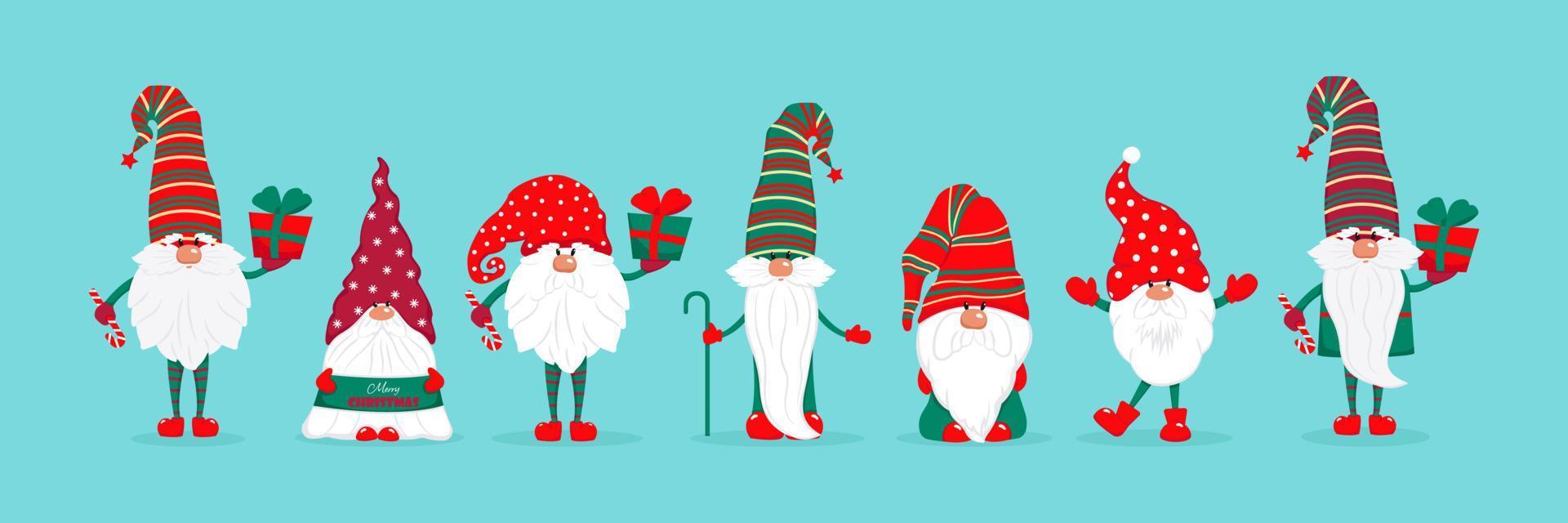 un gran conjunto de gnomos navideños. lindos personajes de cuentos de hadas con regalos y dulces. ilustración vectorial en estilo plano. vector