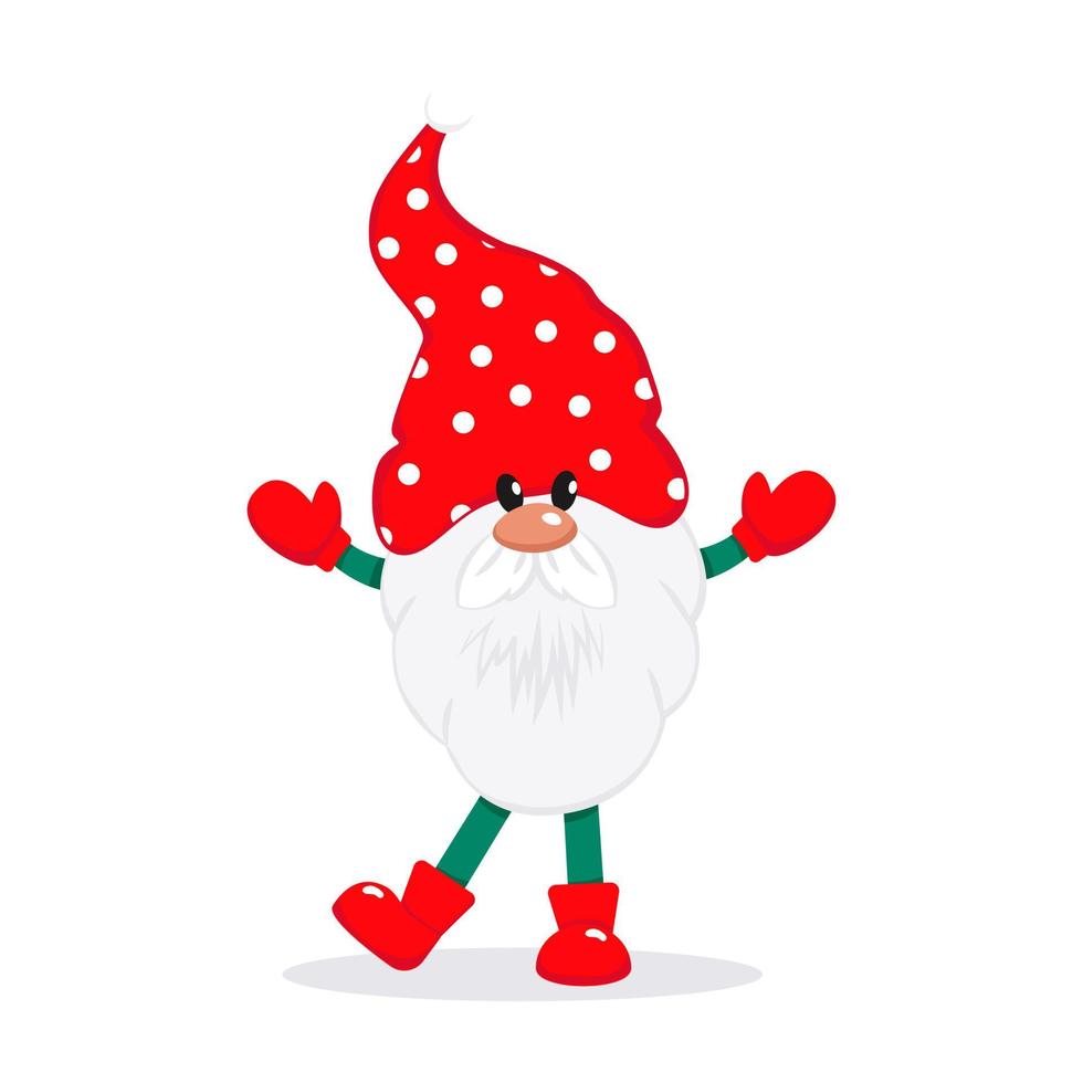 A bearded cute gnome in a red cap, a fairy-tale Christmas character. Vector illustration in flat style