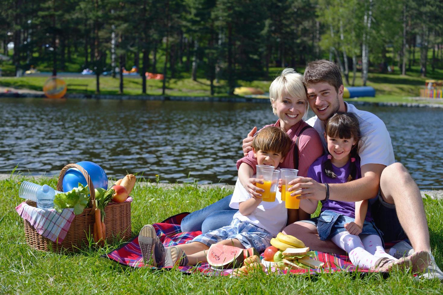 Happy family playing together in a picnic outdoors photo