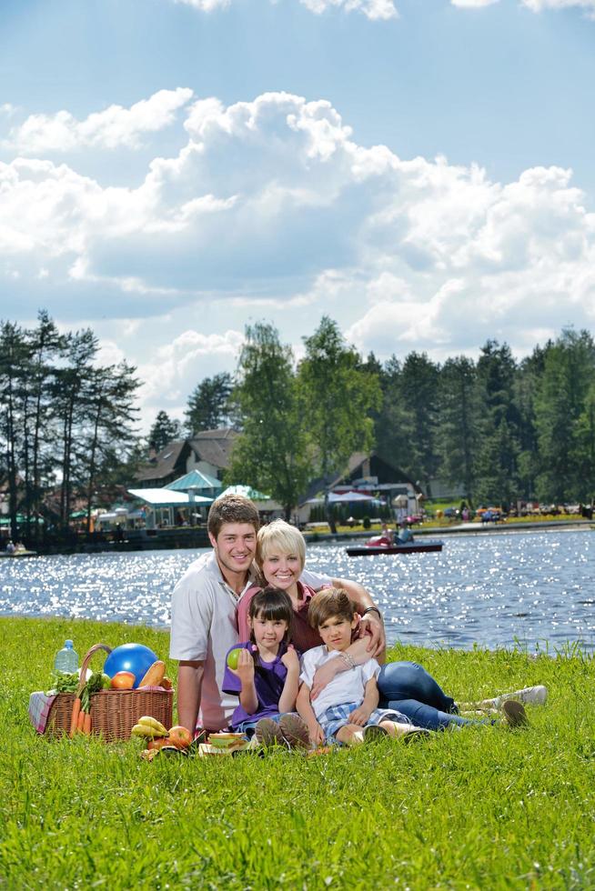 Happy family playing together in a picnic outdoors photo
