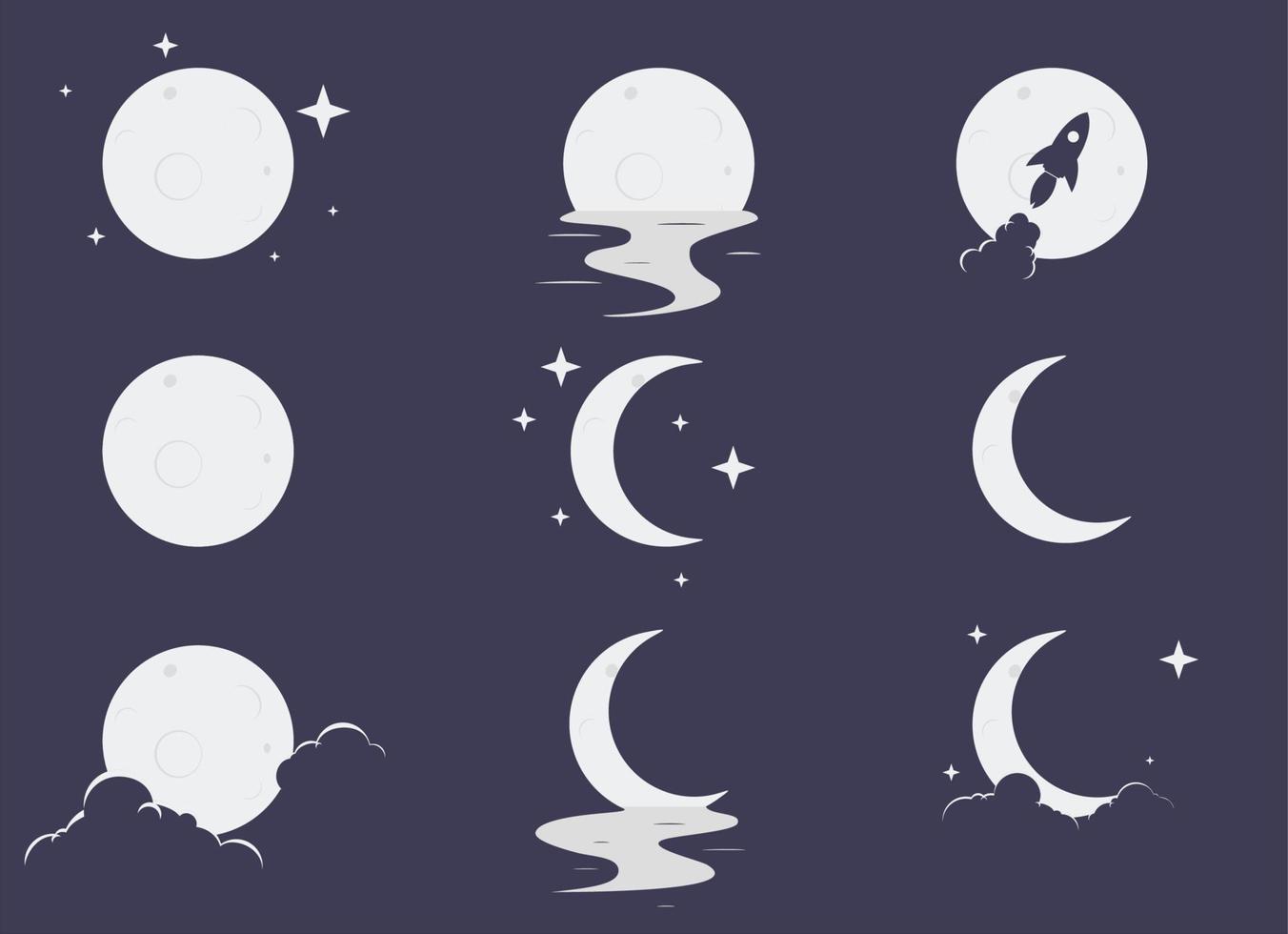 set elegant moon with star, reflection on water, clouds, and rocket icon vector illustration EPS10