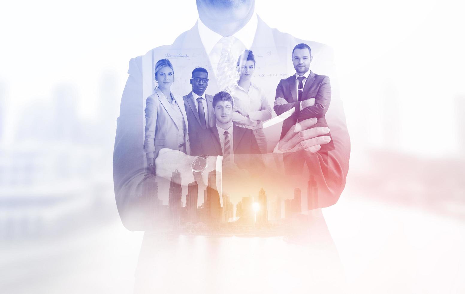 Double exposure of young ambitious business group photo